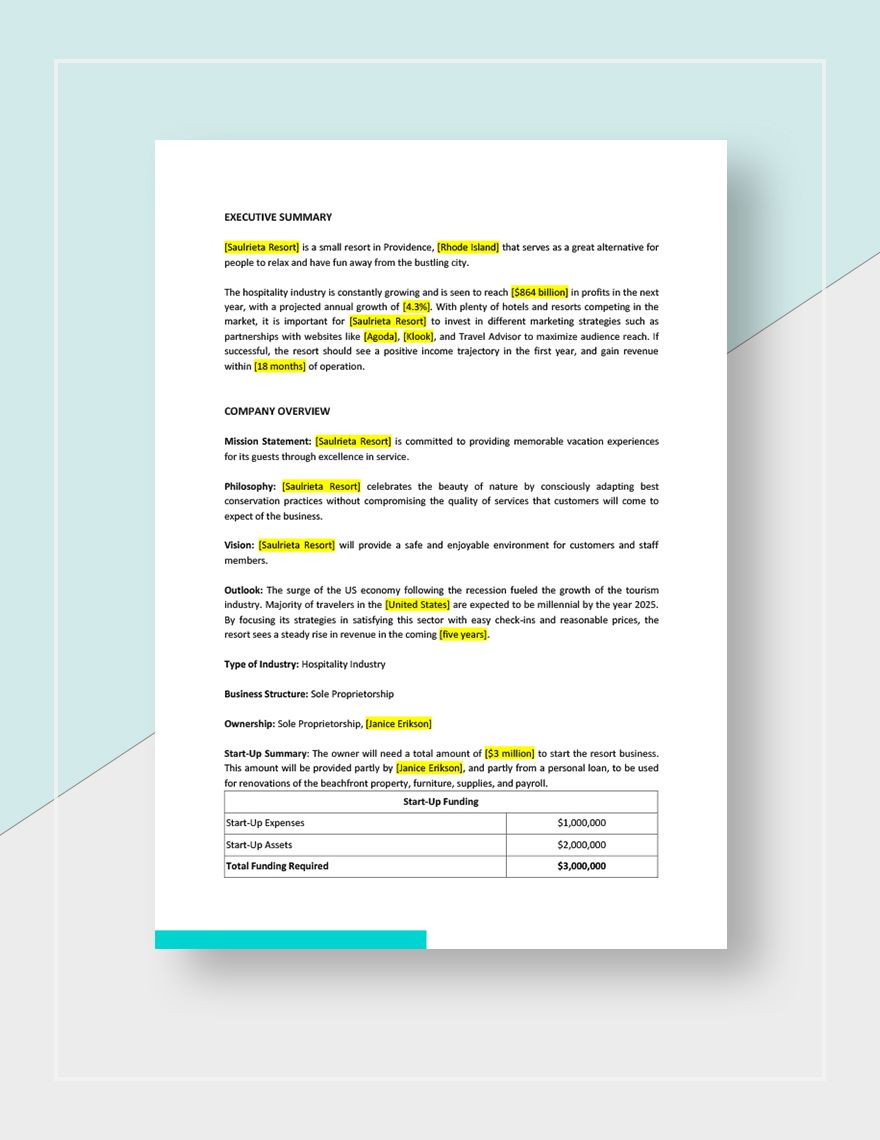 business plan for a resort pdf