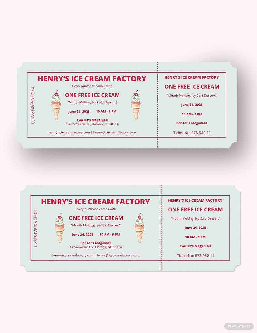 Ice Cream Food Ticket Template Illustrator Word Apple Pages PSD Publisher Template