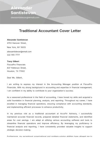 Free Traditional Accountant Cover Letter Template to Edit Online
