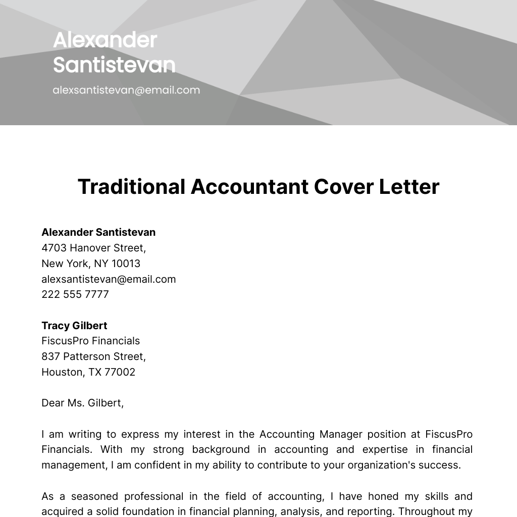Traditional Accountant Cover Letter Template
