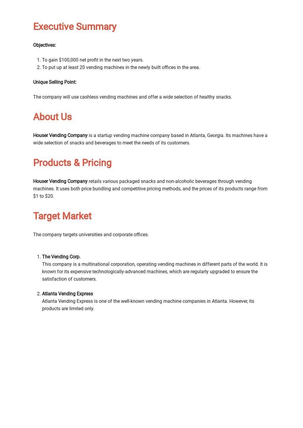 vending machine business plan sample pdf