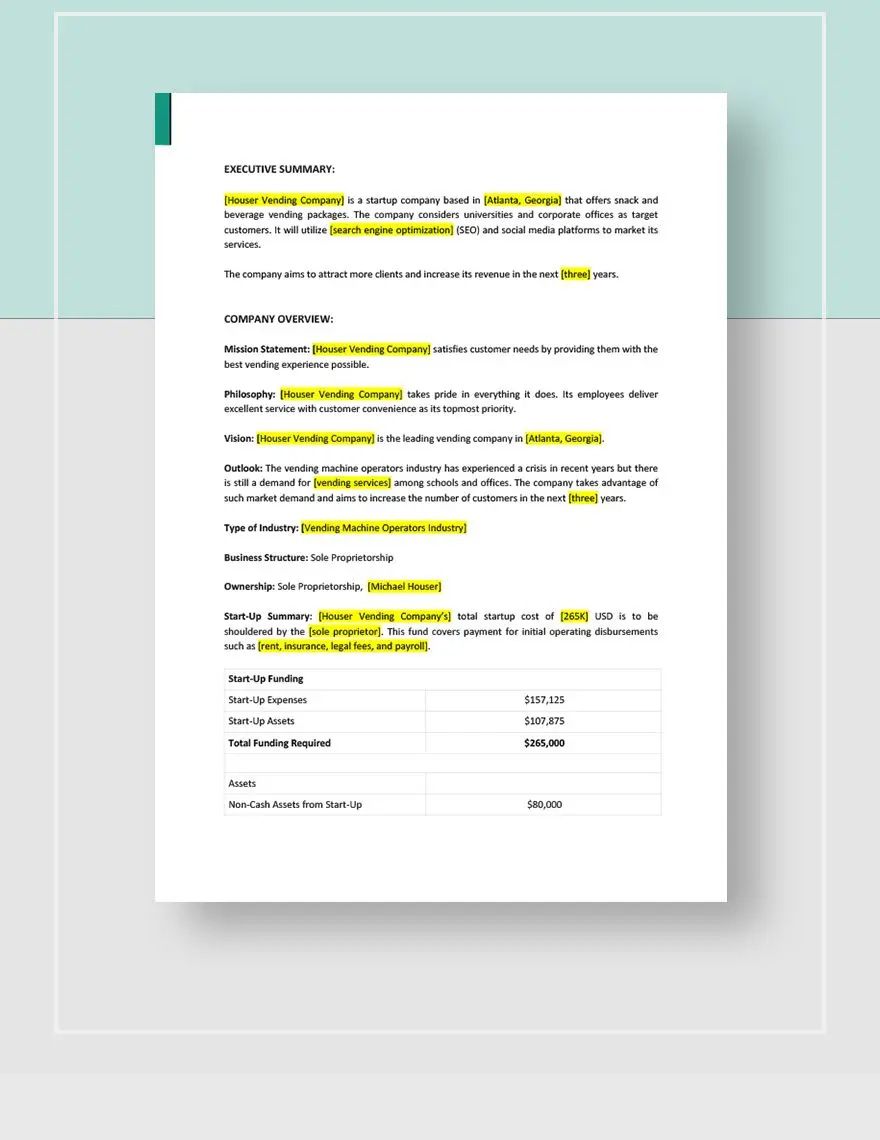 Vending Machine Business Plan Template in Pages Word Google Docs