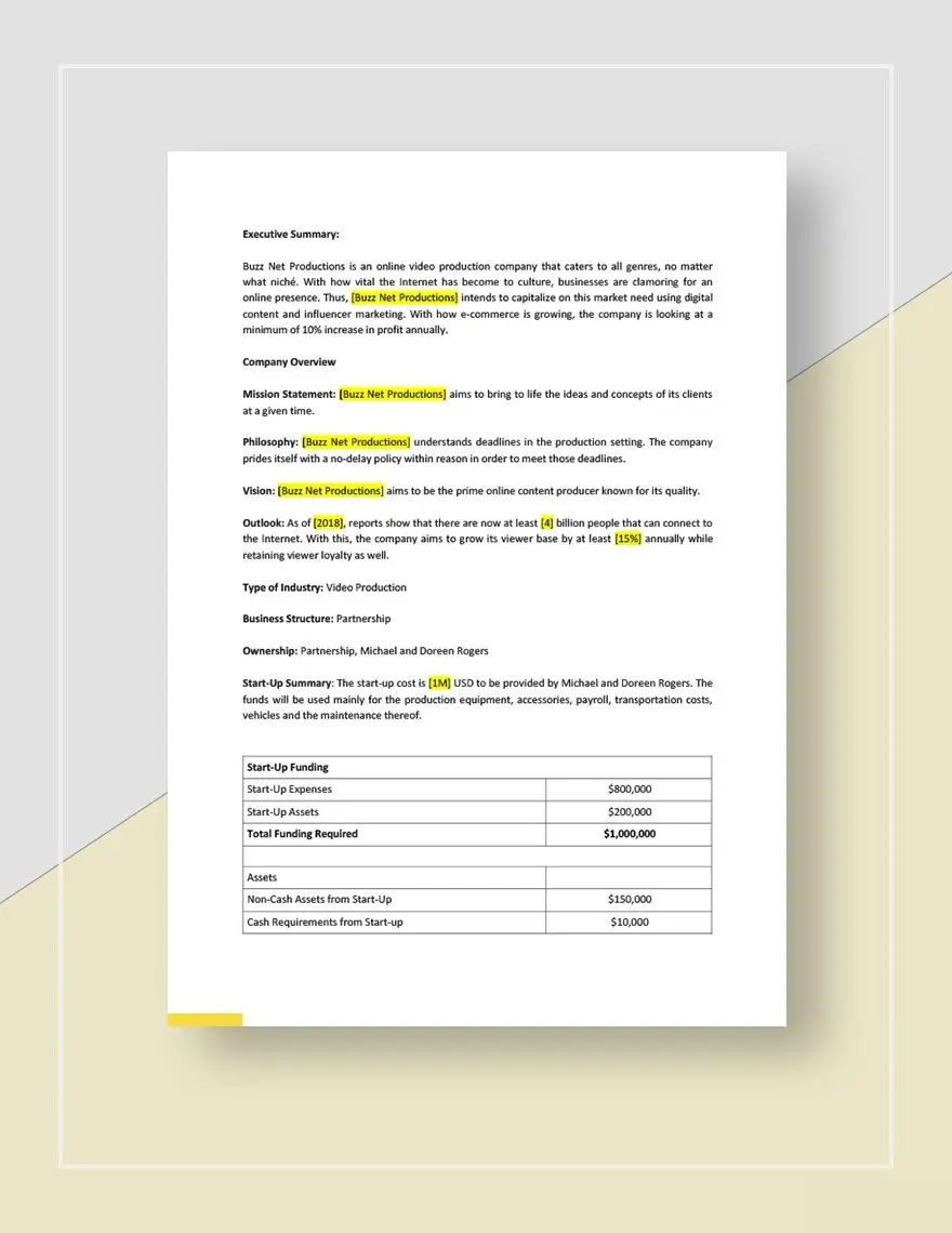 Video Production Business Plan Template
