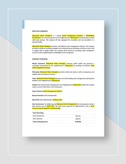 Waste Management Business Plan Template - Word (DOC) | Google Docs
