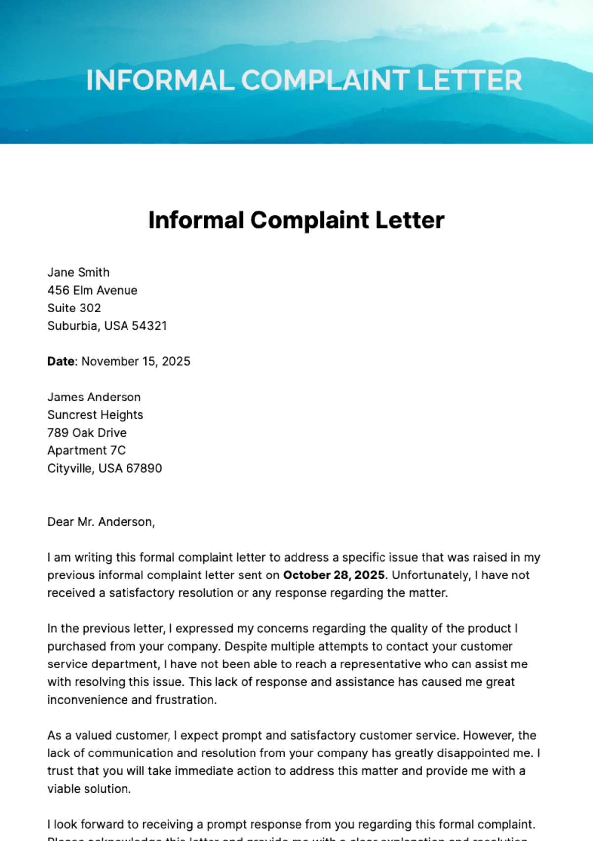 Informal Complaint Letter Template