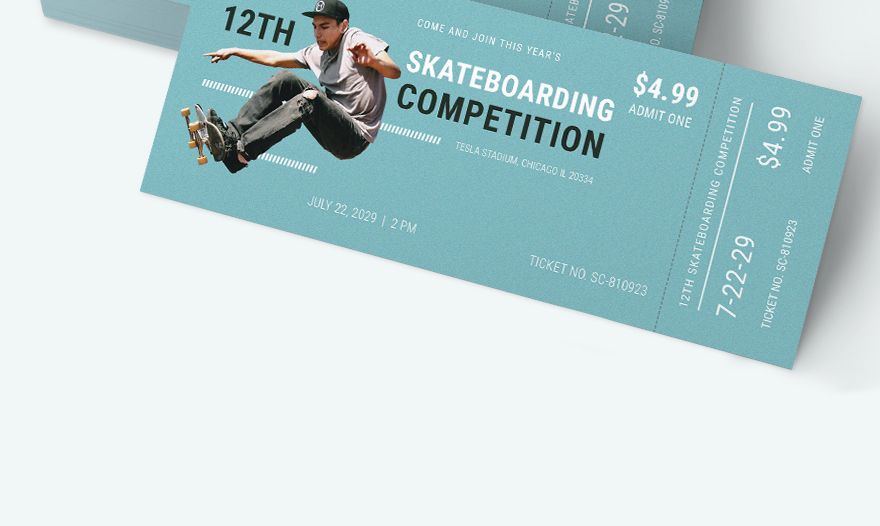 Skateboarding Ticket Template in Illustrator, Word, PSD, Pages