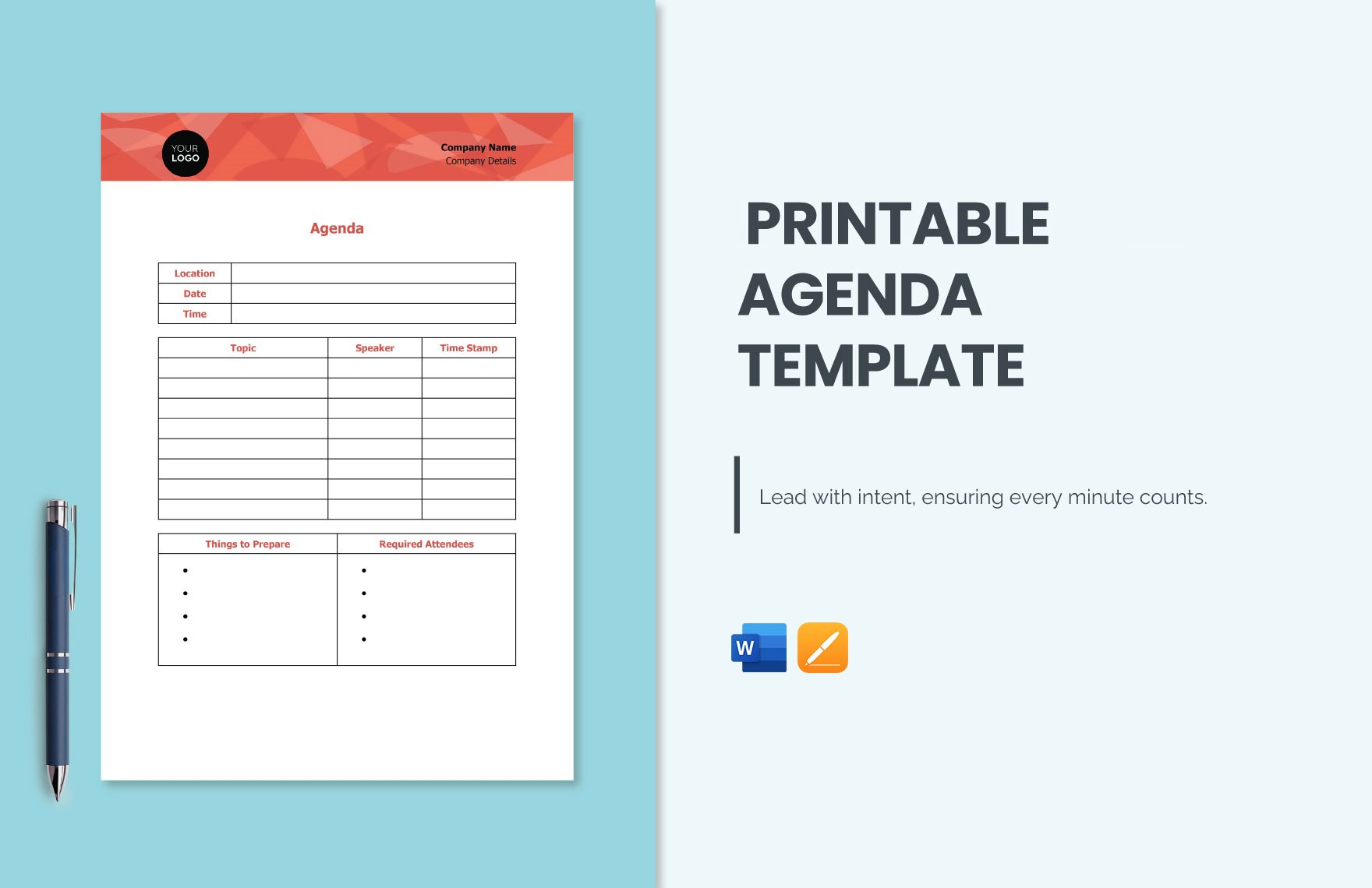 Free Printable Agenda Template in Word, Apple Pages