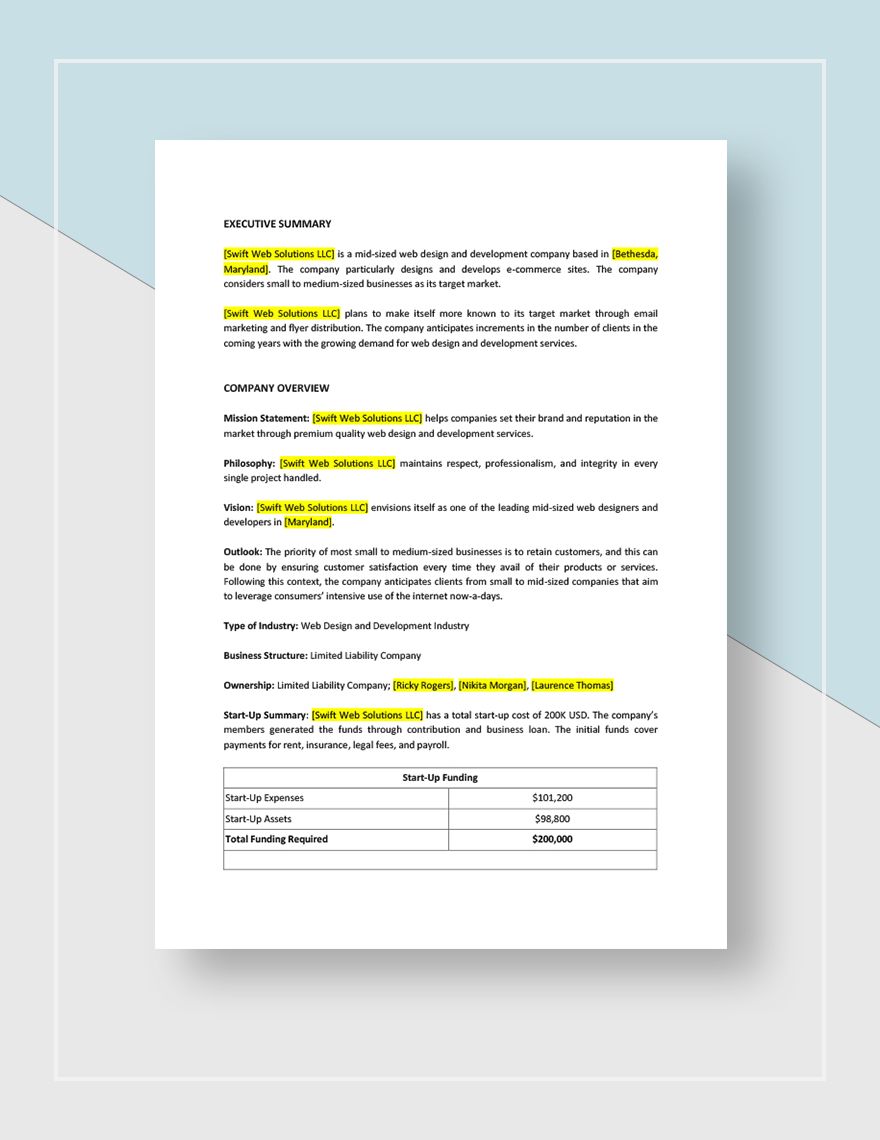 business plan template for web design company