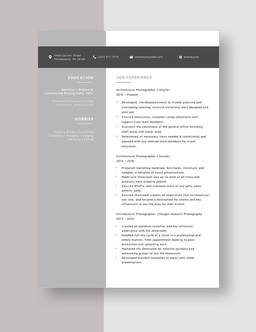 Architectural Photographer Resume