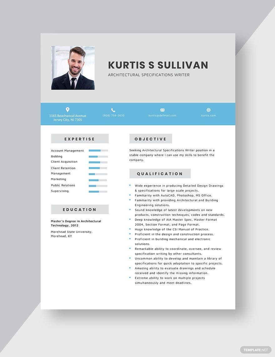 Architectural Specifications Writer Resume in Word, Apple Pages