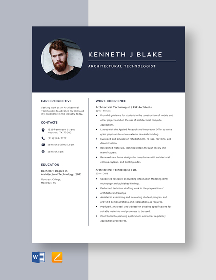 Architectural Technologist Resume Template - Word, Apple Pages