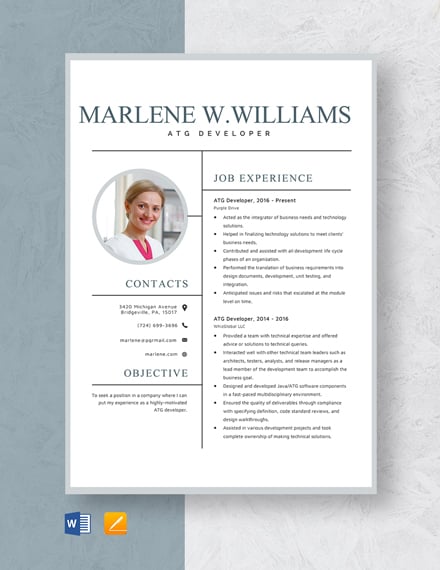 ATG Developer Resume Template - Word, Apple Pages