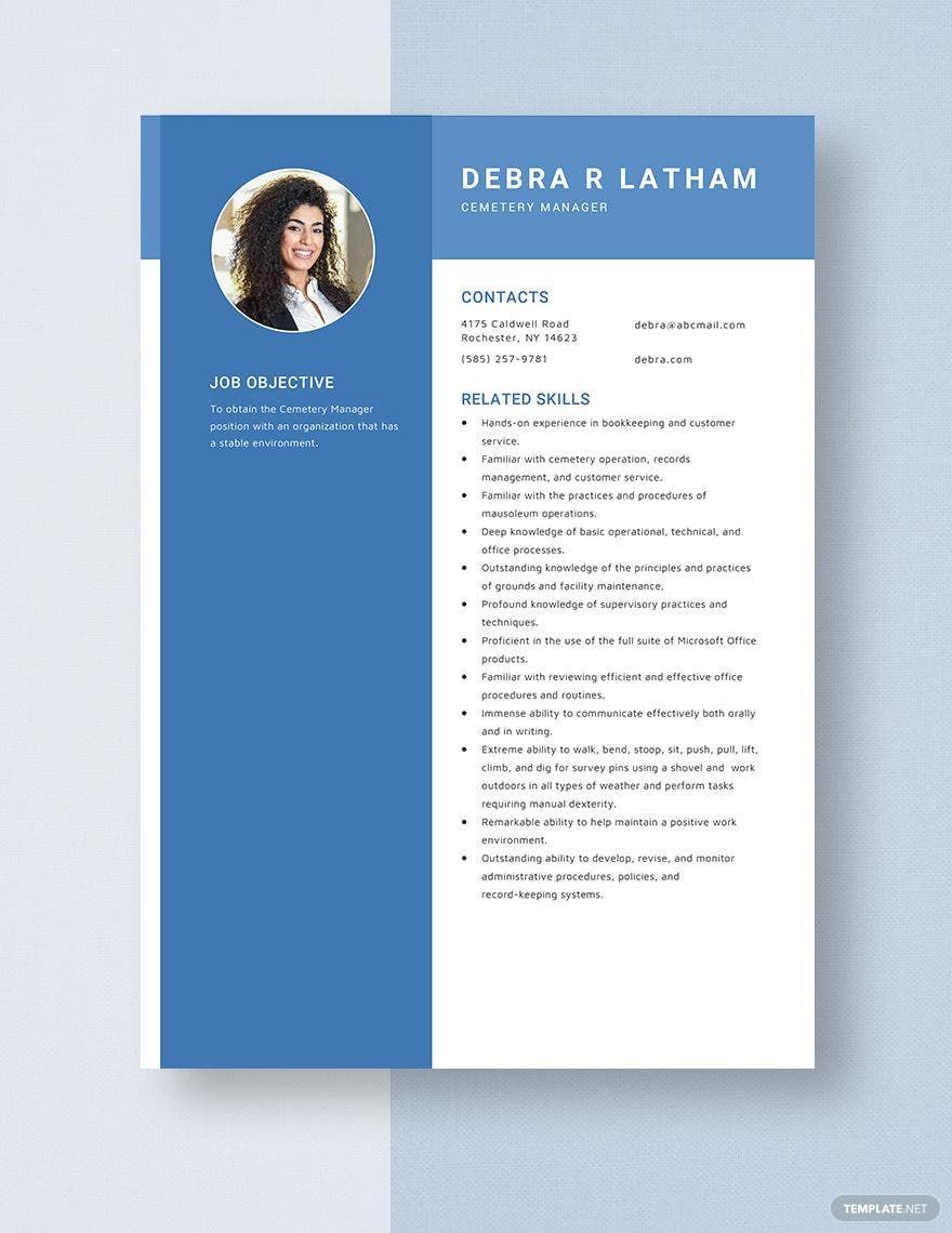 Free Cemetry Manager Resume in Word, Apple Pages