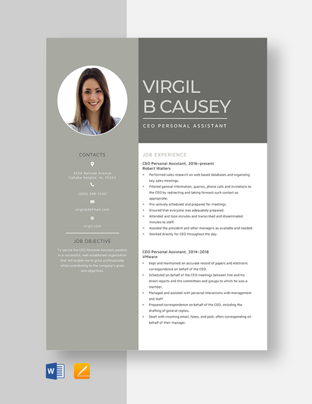 CEO Personal Assistant Resume Template - Word, Apple Pages