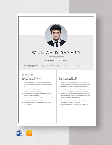Free Ceramic Teacher Resume Template - Word, Apple Pages