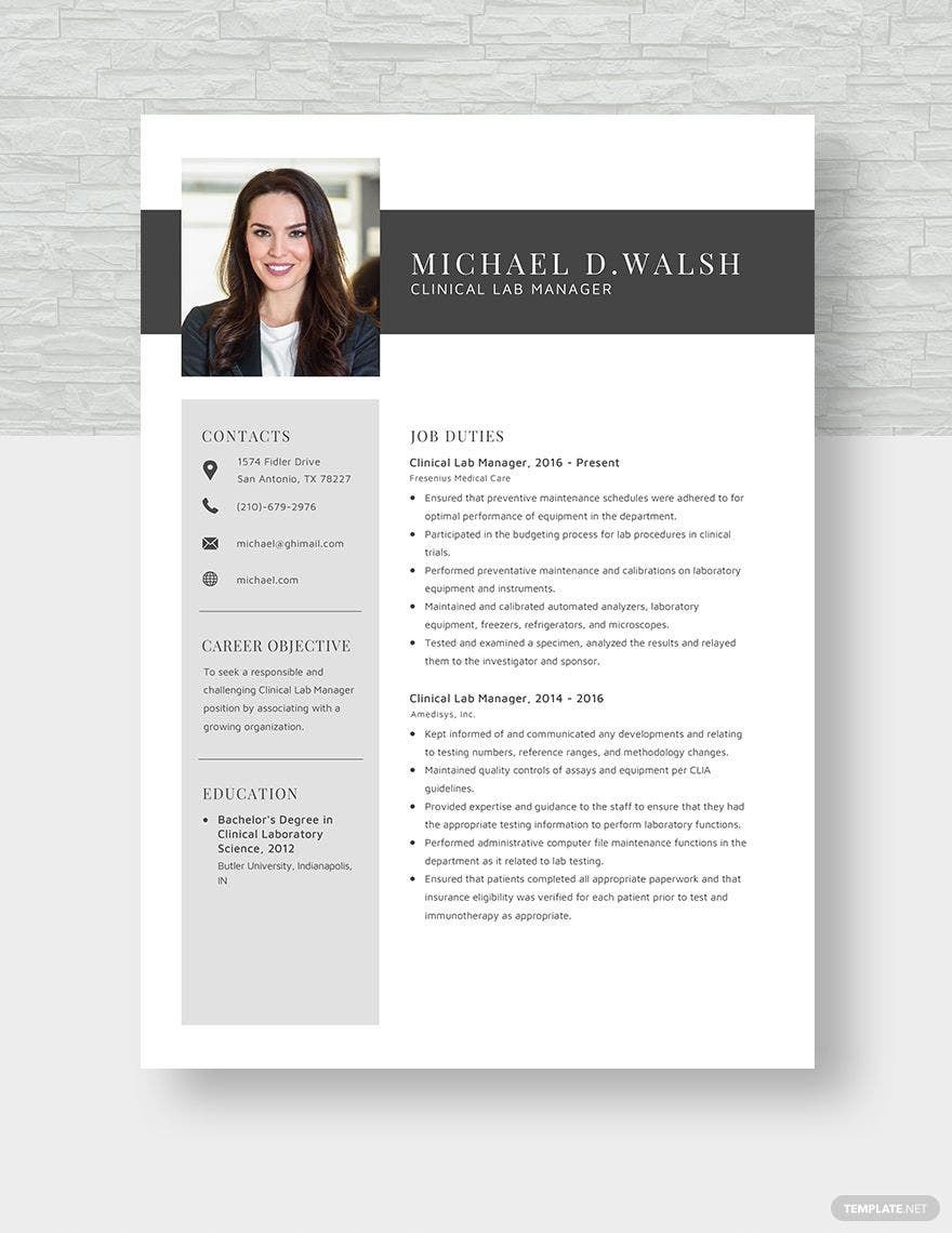 Clinical Lab Manager Resume Template - Word, Apple Pages | Template.net