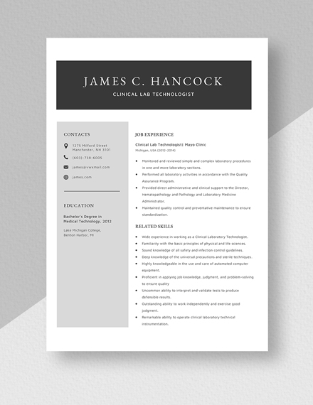 Clinical Lab Technologist Resume Template