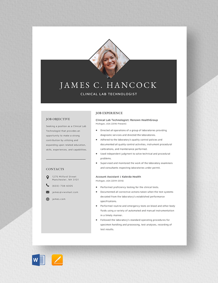 Clinical Lab Technologist Resume Template - Word, Apple Pages