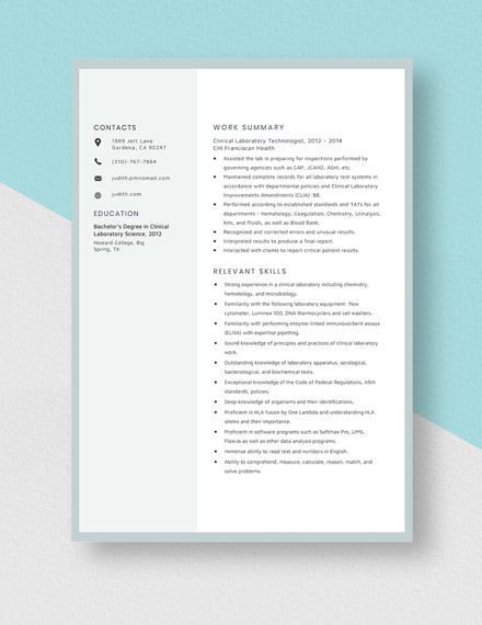 Clinical Laboratory Technologist Resume Template