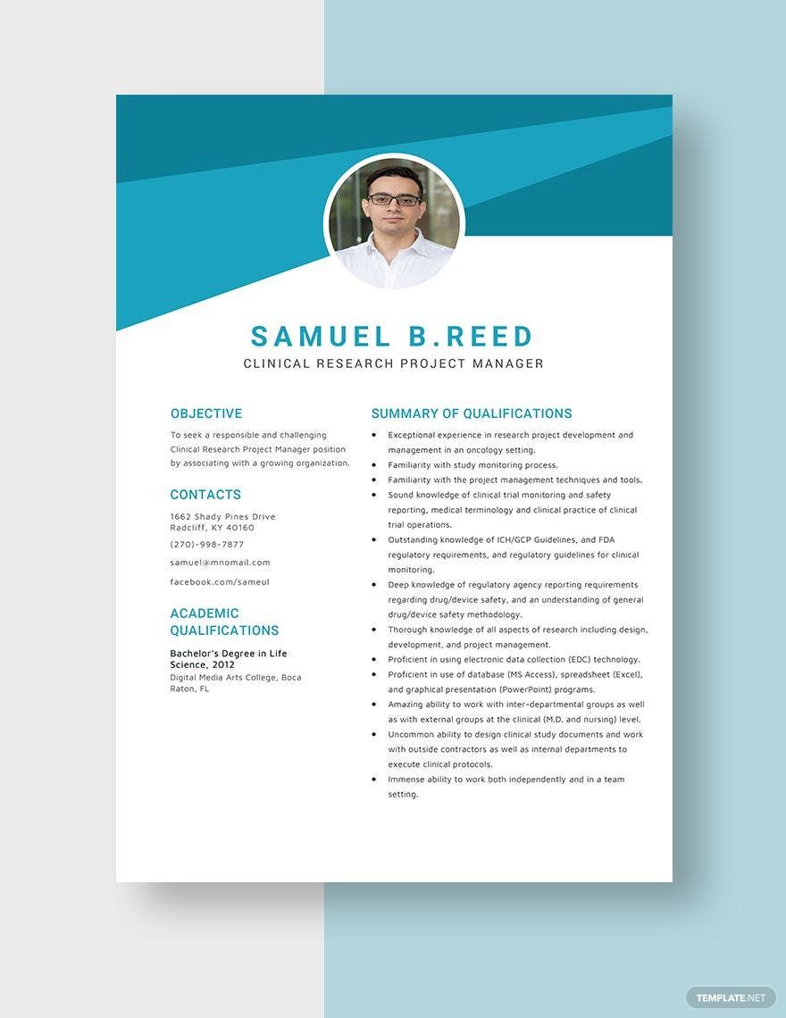 Free Clinical Research Project Manager Resume Template