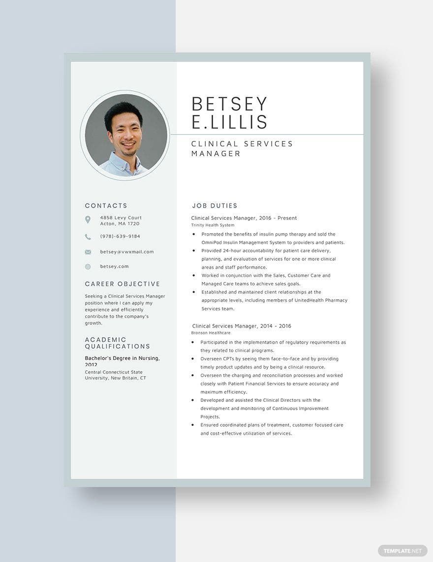 Clinical Service Manager Resume in Word, Apple Pages