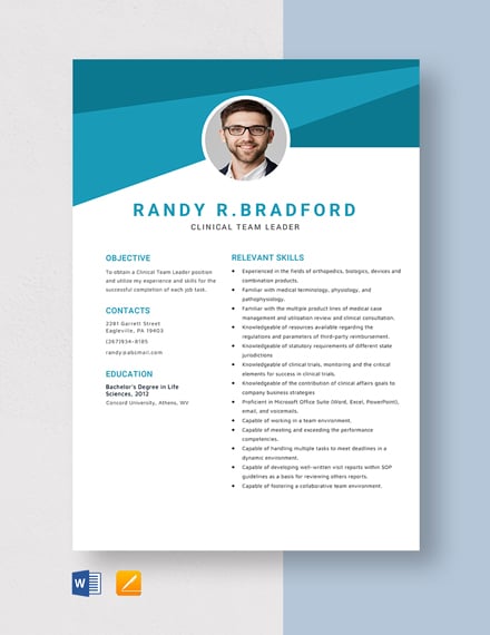 Free Clinical Team Leader Resume Template - Word, Apple Pages