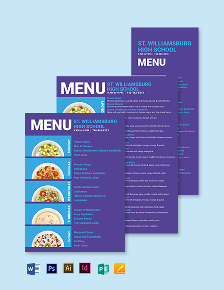 5 day School Menu Template - Illustrator, Word, Apple Pages, PSD, Publisher