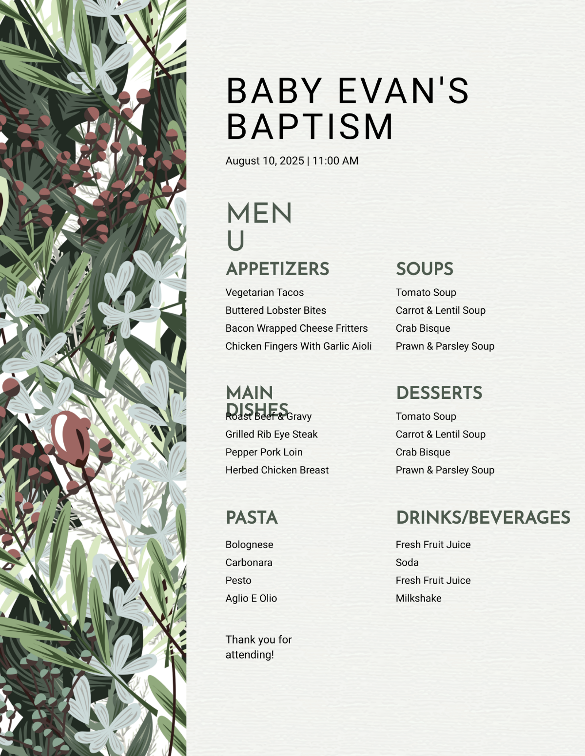 Printable Baptism Menu Template
