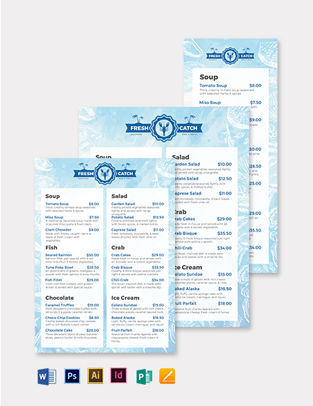 Printable Seafood Menu Template - Illustrator, Word, Apple Pages, PSD, Publisher