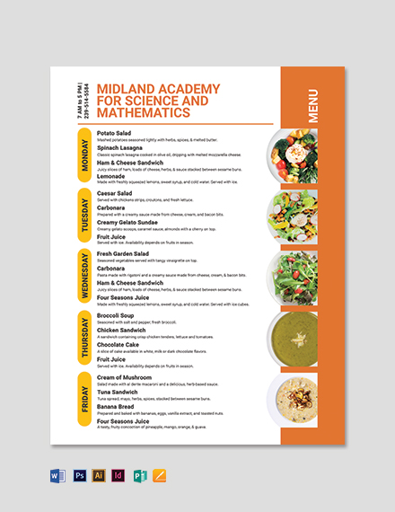 School Flyer Menu Template - Illustrator, Word, Apple Pages, PSD, Publisher