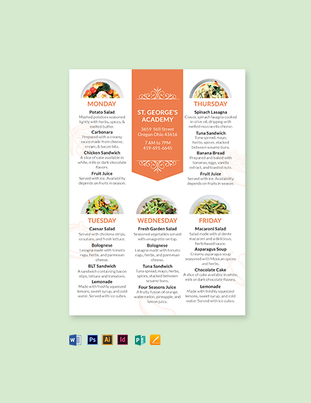 School Table Tent Menu Template - Illustrator, Word, Apple Pages, PSD, Publisher