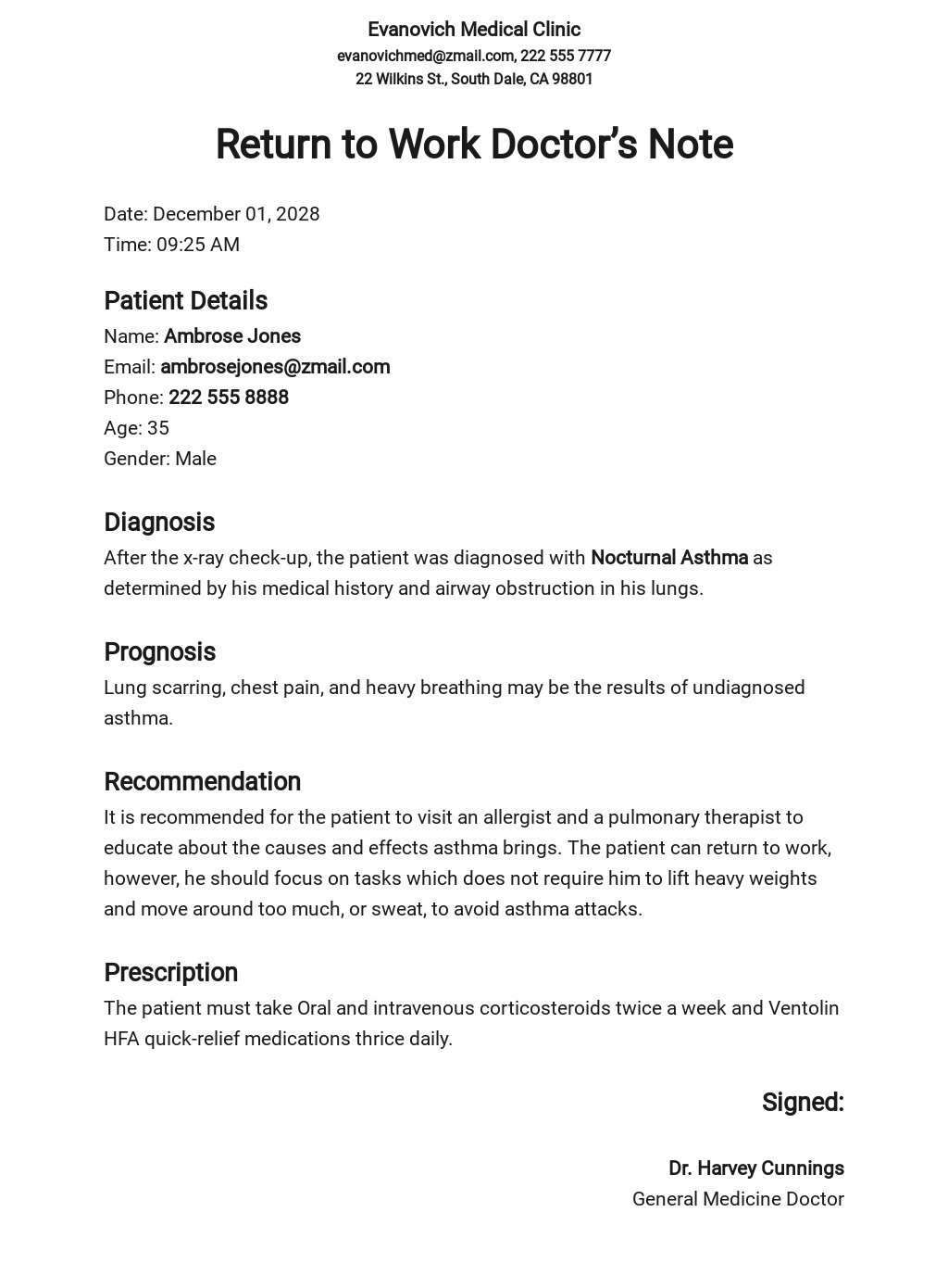 Return To Work Doctors Note Template Word (DOC) Apple (MAC) Pages