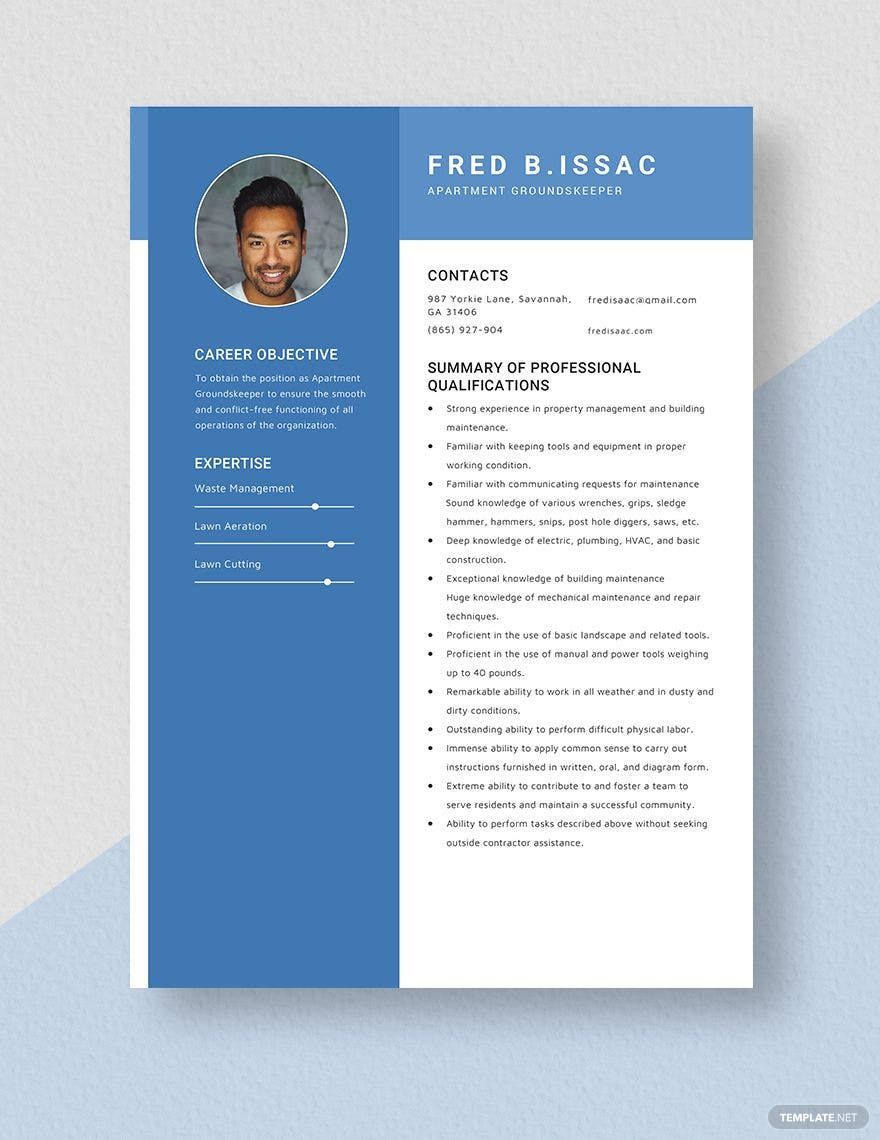 Apartment Grounds Keeper Resume Template