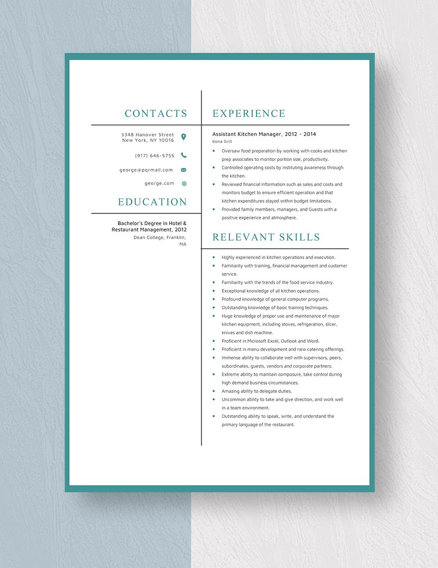 Assistant Kitchen Manager Resume