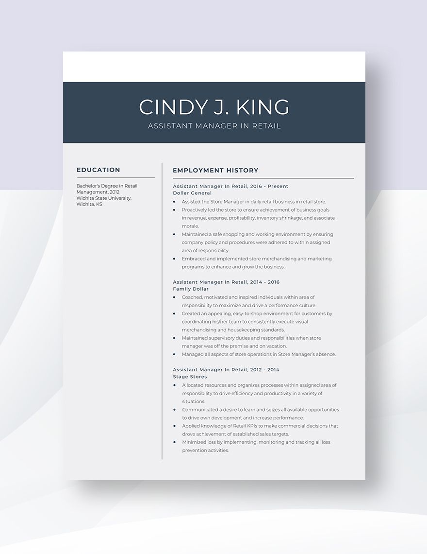 Assistant Manager In Retail Resume
