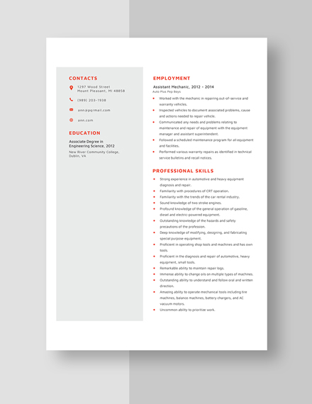 Assistant Mechanic Resume Template