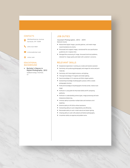 Assistant Photographer Resume Template