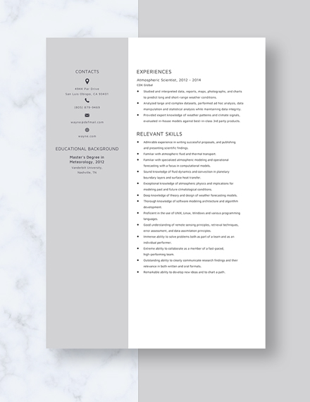 Atmospheric Scientist Resume Template - Word, Apple Pages | Template.net