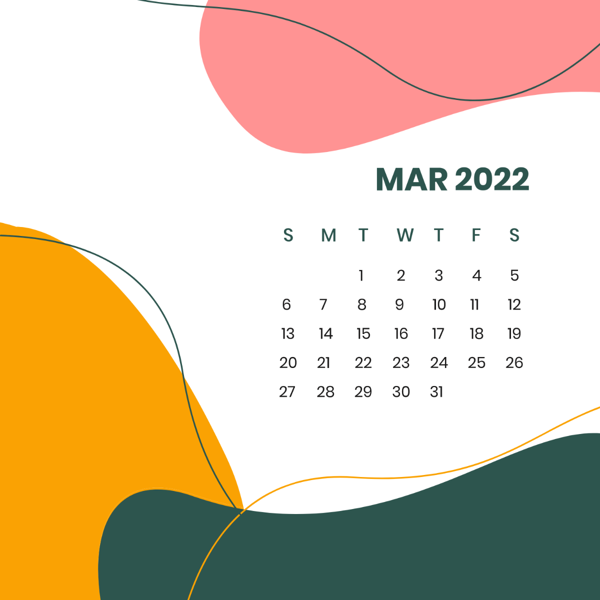 Flat March 2022 Calendar Vector Template