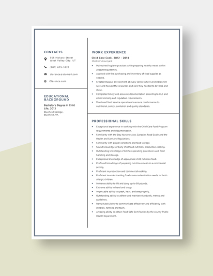 Child Care Cook Resume Template