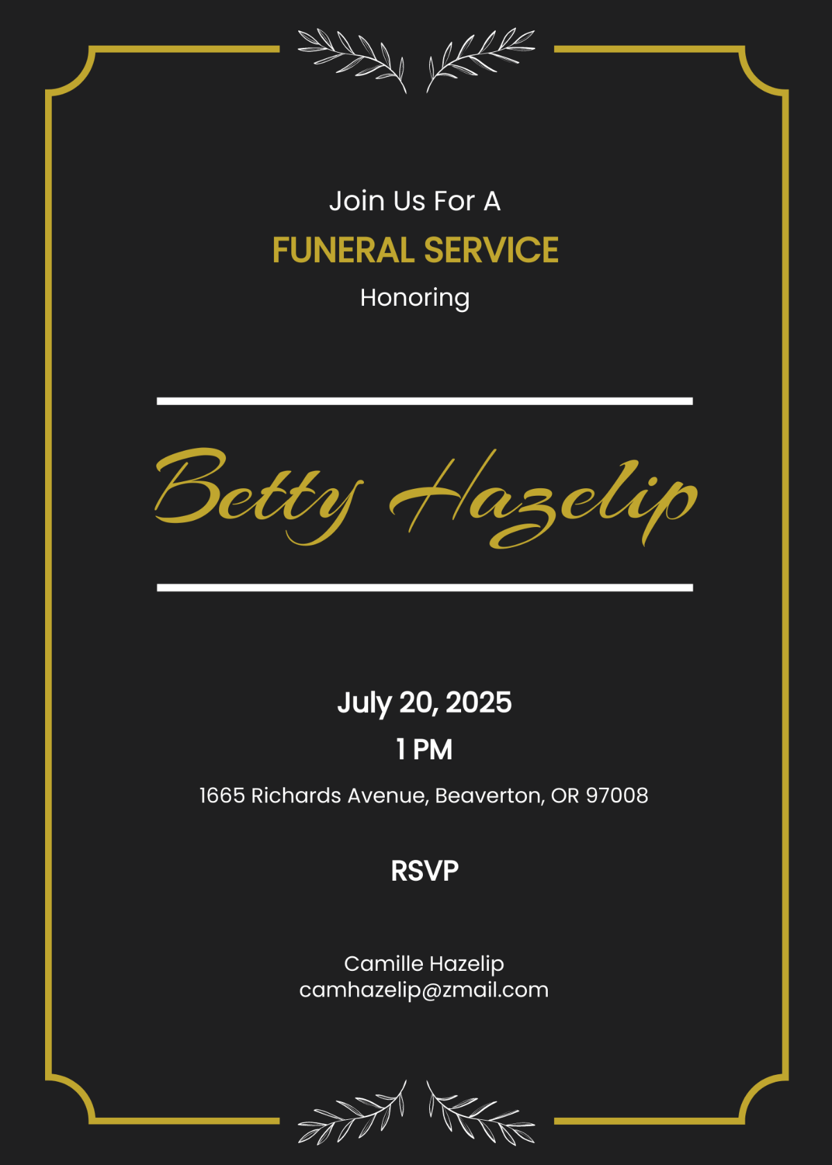 Email Funeral Memorial Invitation Template