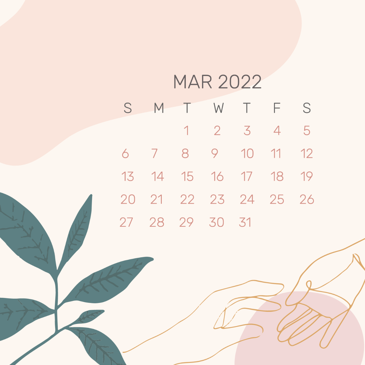 March Daily 2022 Calendar Vector Template