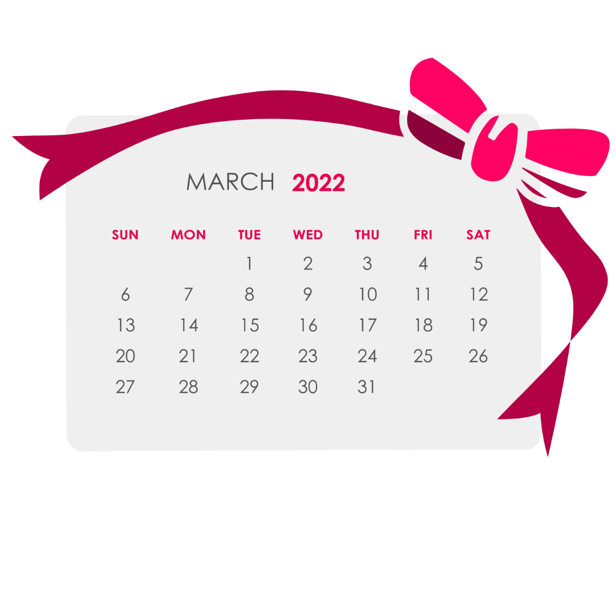 March Calendar With Ribbon Vector Template
