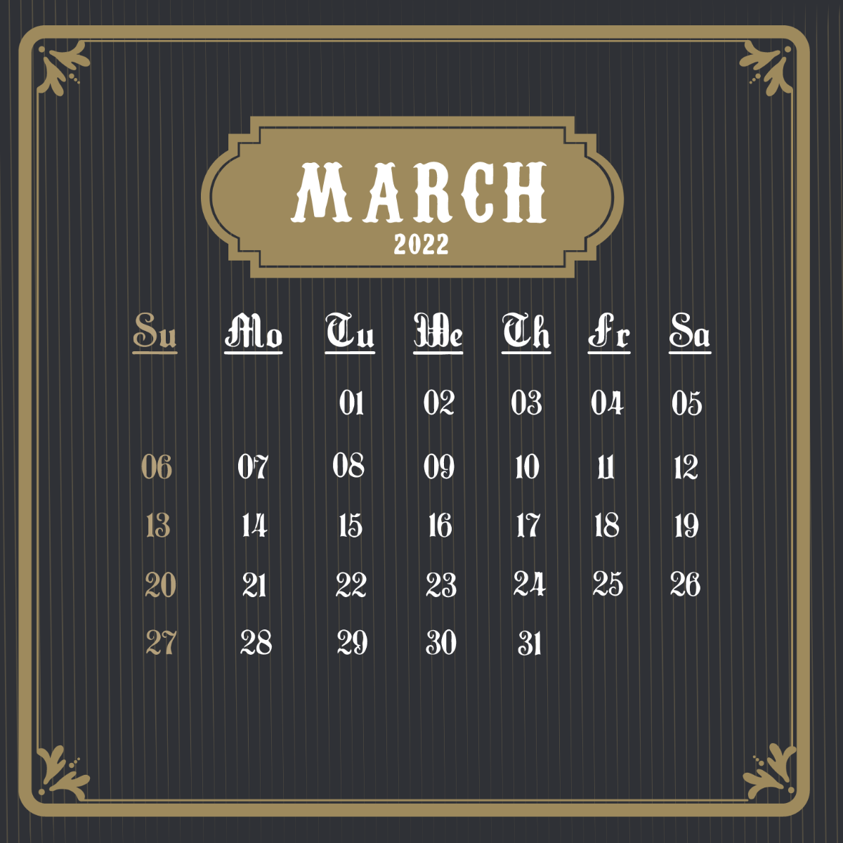 Vintage March 2022 Calendar Vector Template