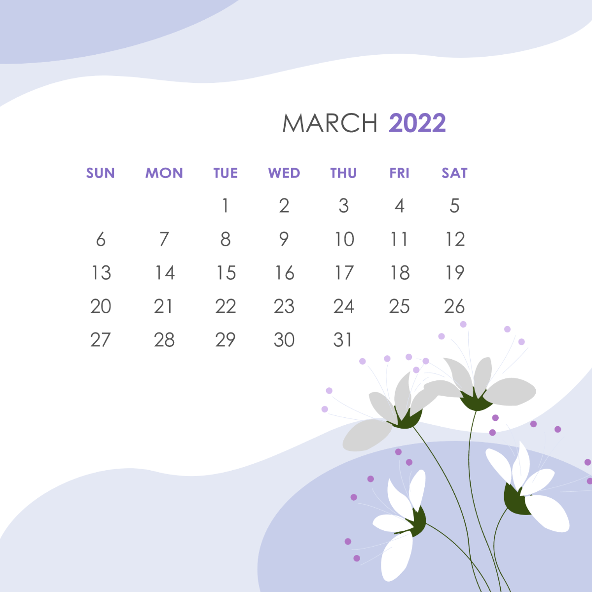 Girly March 2022 Calendar Vector Template