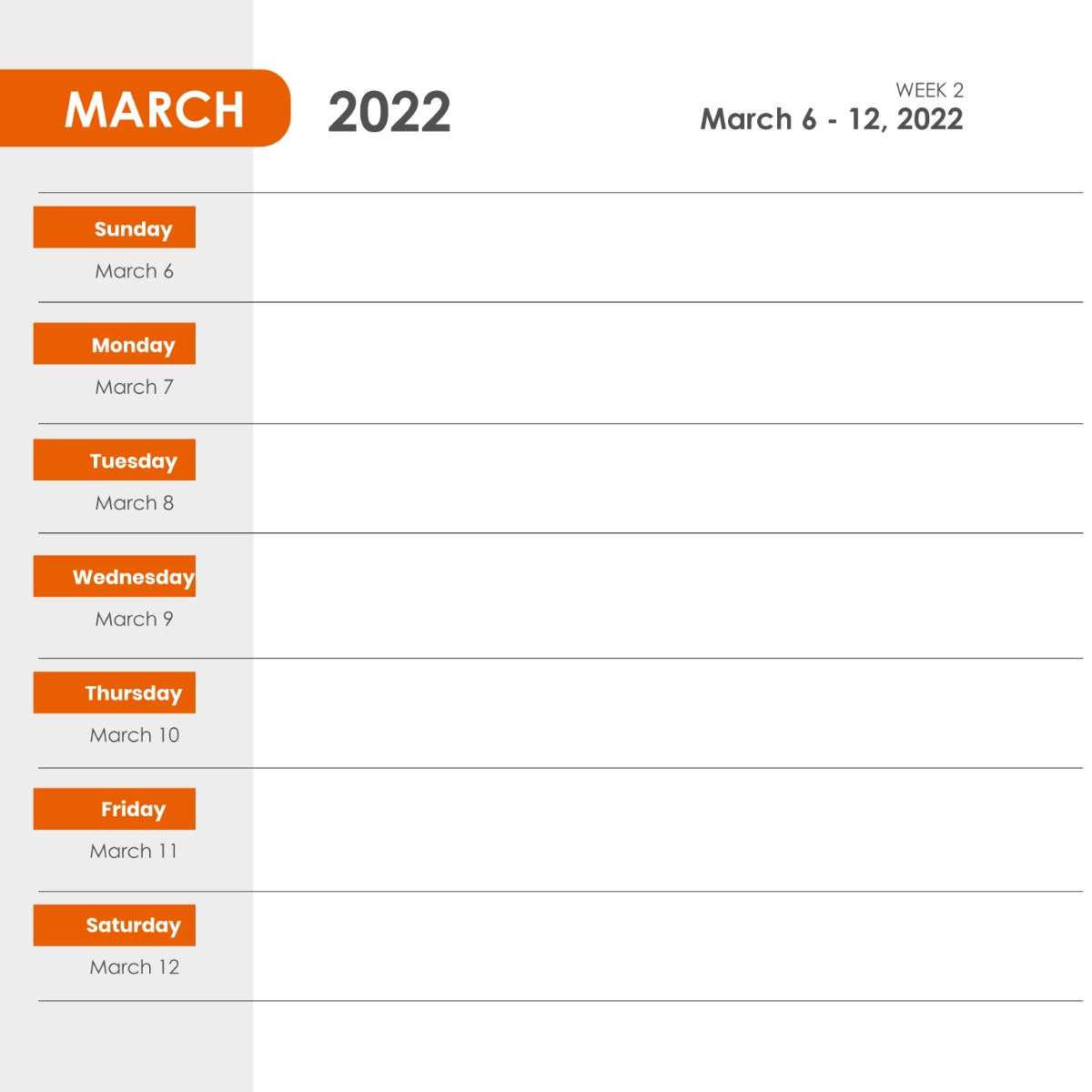 Weekly March 2022 Calendar Vector Template