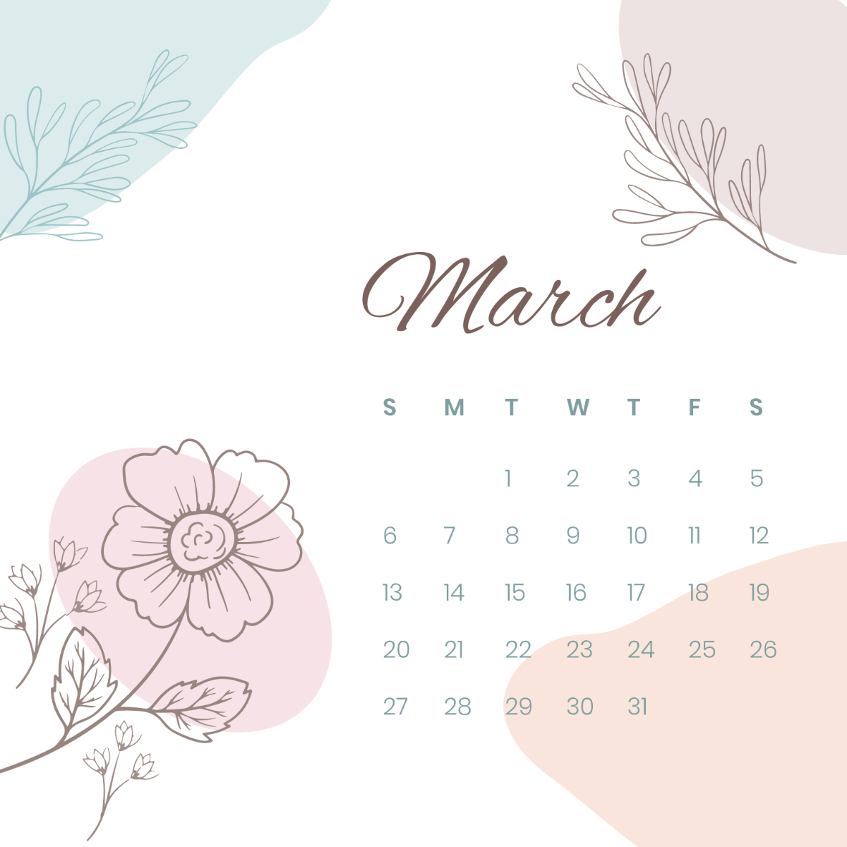 Floral March Calendar Vector Template