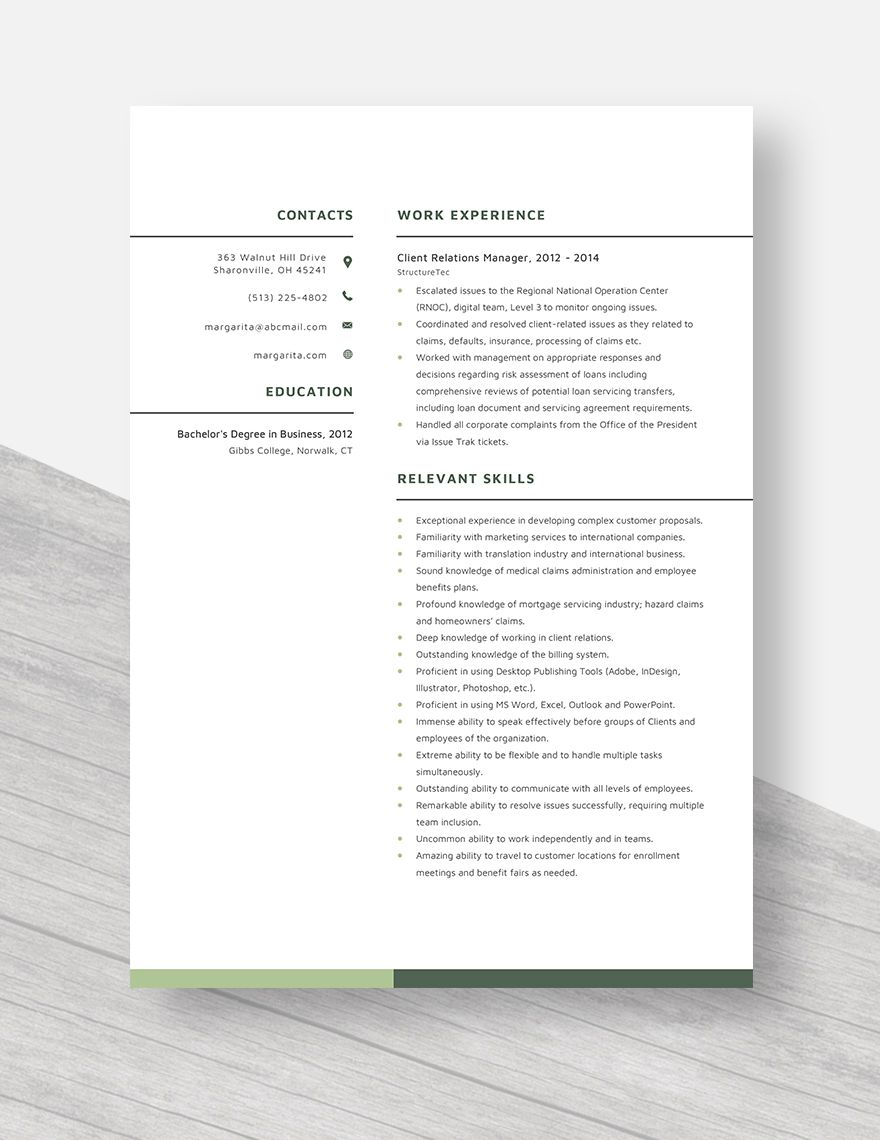 Client Relations Manager Resume