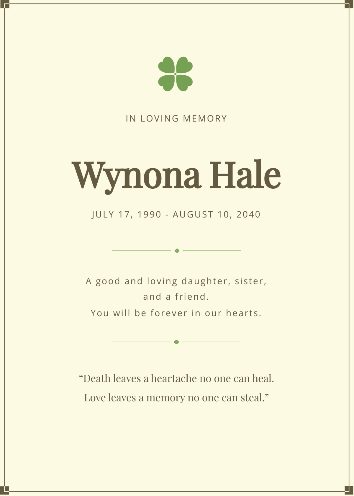 Irish Funeral Remembrance Card Template