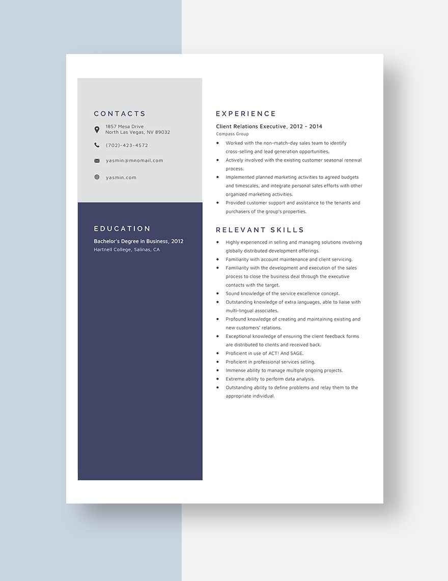 Client Relations Executive Resume